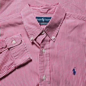 Ralph Lauren Custom Fit Striped Button Down Shirt Long Sleeve red Men's Large